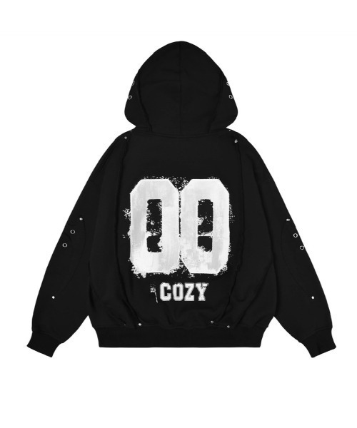 COZY WORLDWIDE（コージーワールドワイド）の「【Cozy world Wide】00 KNIGHT CLUB HOODZIP / 【コージーワールドワイド】ナンバープリントリベットジップパーカー（パーカー・メンズ・ブラック・M/L）」の8枚目の写真