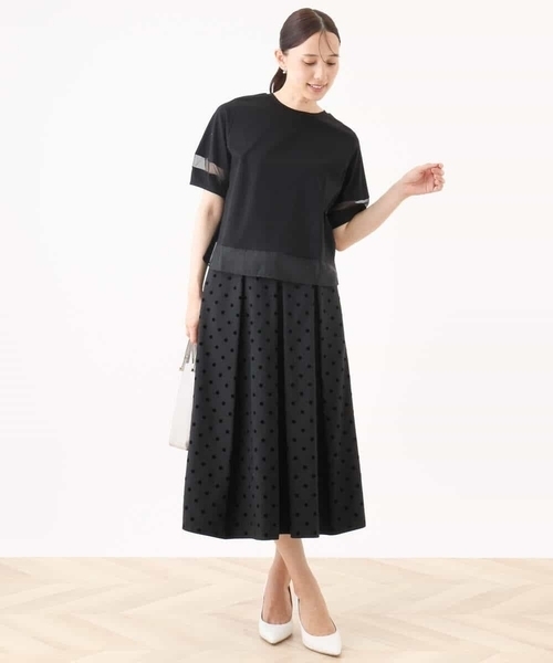 シアー切替えランタンスリーブカットソー/接触冷感/洗える（Tシャツ