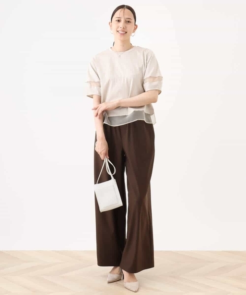 シアー切替えランタンスリーブカットソー/接触冷感/洗える（Tシャツ