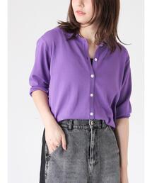 テチチTechichi✴️カーディガン　ハーフボタン　リブ袖丈　紫　F Te chichi（テチチ）の「スクエアボタンクルーネックカーディガン