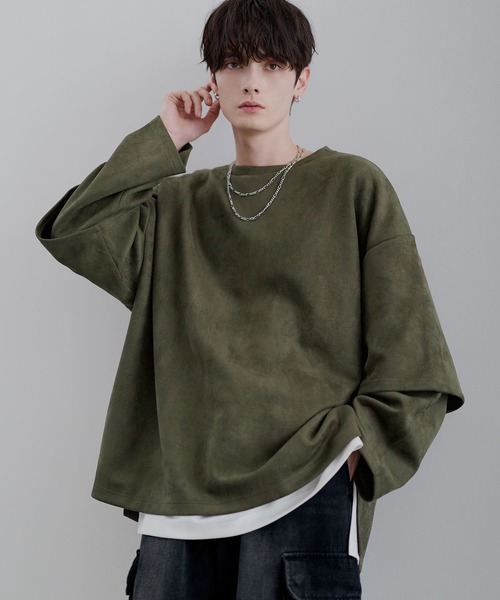ルーズシルエットワイドスリーブフェイクレイヤードロングスリーブプル