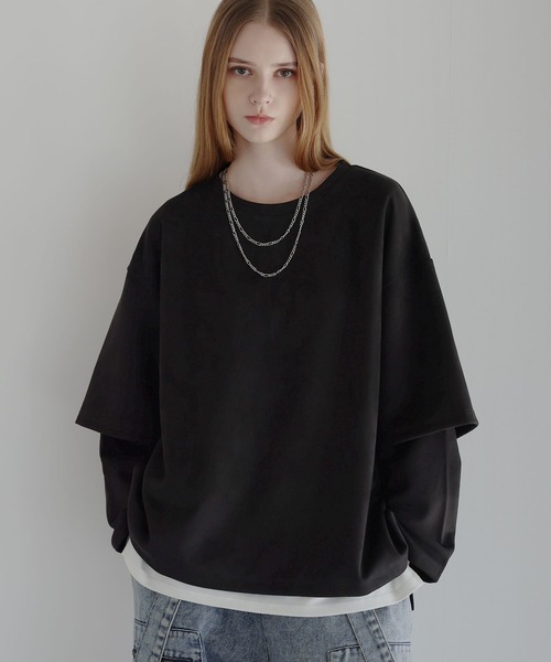 ルーズシルエットワイドスリーブフェイクレイヤードロングスリーブプル