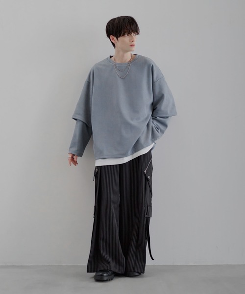 ルーズシルエットワイドスリーブフェイクレイヤードロングスリーブプル