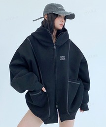 Dalfwin | 韓国ファッション OISISロゴ 配色パイピングダブルジップ オーバーサイズスウェットパーカー(パーカー)