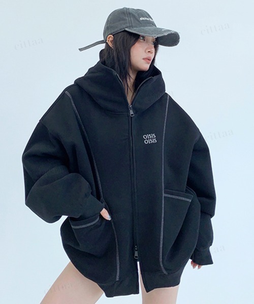 Dalfwin(ダールフィン)の「韓国ファッション OISISロゴ 配色パイピングダブルジップ オーバーサイズスウェットパーカー(パーカー・レディース・ブラック/グレー・FREE)」の3枚目の写真