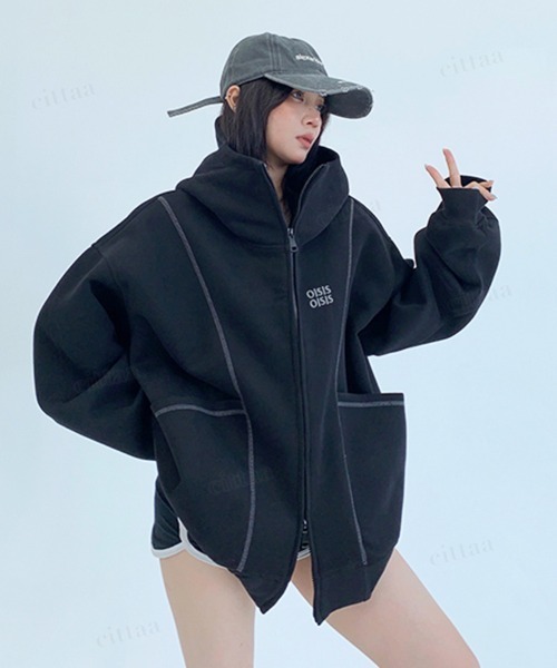 Dalfwin(ダールフィン)の「韓国ファッション OISISロゴ 配色パイピングダブルジップ オーバーサイズスウェットパーカー(パーカー・レディース・ブラック/グレー・FREE)」の4枚目の写真