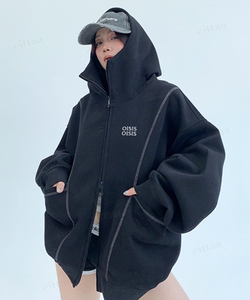 Dalfwin(ダールフィン)の「韓国ファッション OISISロゴ 配色パイピングダブルジップ オーバーサイズスウェットパーカー(パーカー・レディース・ブラック/グレー・FREE)」の5枚目の写真