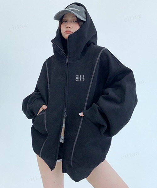 Dalfwin(ダールフィン)の「韓国ファッション OISISロゴ 配色パイピングダブルジップ オーバーサイズスウェットパーカー(パーカー・レディース・ブラック/グレー・FREE)」の6枚目の写真