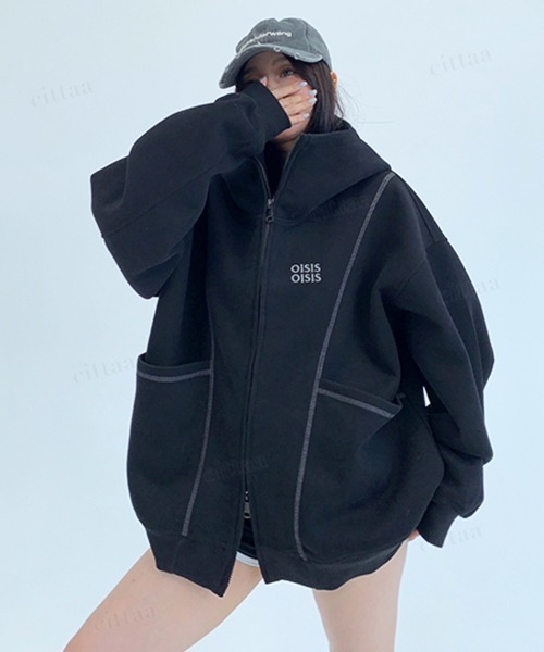 Dalfwin(ダールフィン)の「韓国ファッション OISISロゴ 配色パイピングダブルジップ オーバーサイズスウェットパーカー(パーカー・レディース・ブラック/グレー・FREE)」の7枚目の写真