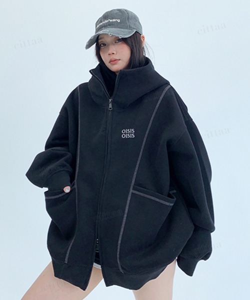 Dalfwin(ダールフィン)の「韓国ファッション OISISロゴ 配色パイピングダブルジップ オーバーサイズスウェットパーカー(パーカー・レディース・ブラック/グレー・FREE)」の8枚目の写真