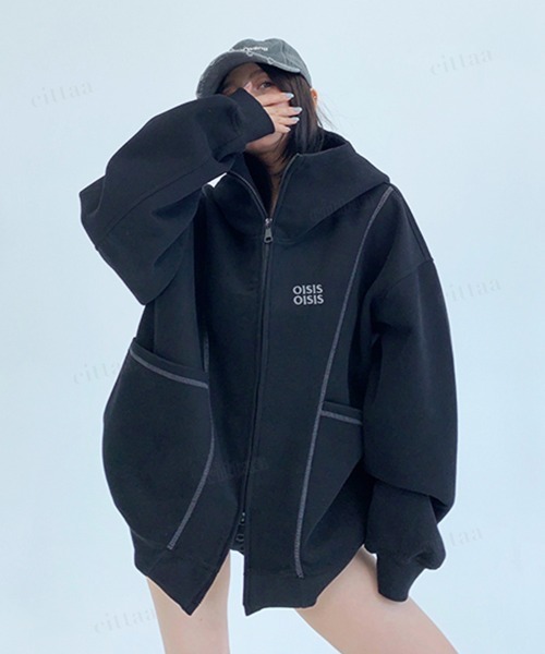 Dalfwin(ダールフィン)の「韓国ファッション OISISロゴ 配色パイピングダブルジップ オーバーサイズスウェットパーカー(パーカー・レディース・ブラック/グレー・FREE)」の9枚目の写真