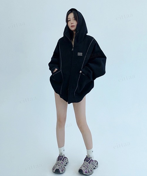 韓国ファッション OISISロゴ 配色パイピングダブルジップ オーバー