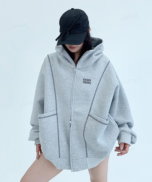 Dalfwin(ダールフィン)の「韓国ファッション OISISロゴ 配色パイピングダブルジップ オーバーサイズスウェットパーカー(パーカー・レディース・ブラック/グレー・FREE)」の18枚目の写真