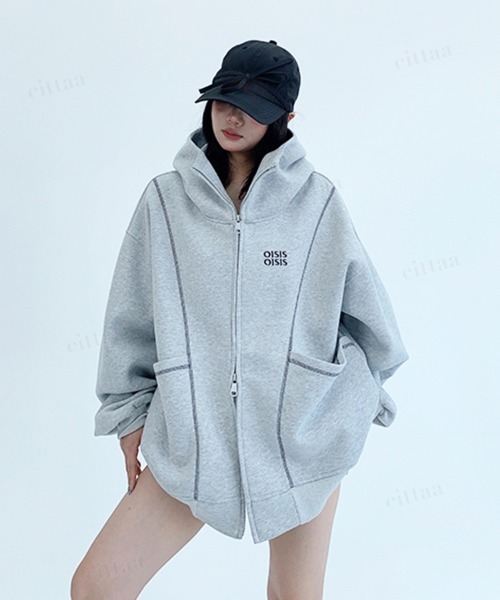 Dalfwin(ダールフィン)の「韓国ファッション OISISロゴ 配色パイピングダブルジップ オーバーサイズスウェットパーカー(パーカー・レディース・ブラック/グレー・FREE)」の19枚目の写真