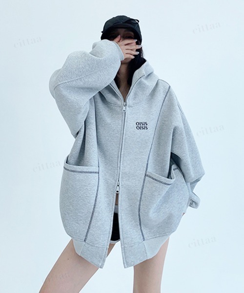 Dalfwin(ダールフィン)の「韓国ファッション OISISロゴ 配色パイピングダブルジップ オーバーサイズスウェットパーカー(パーカー・レディース・ブラック/グレー・FREE)」の21枚目の写真