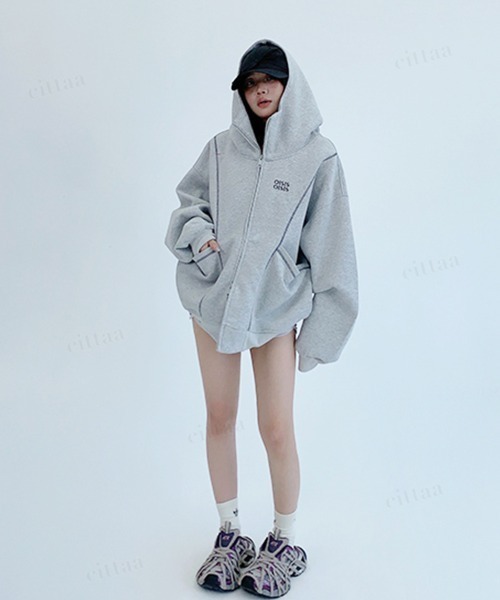 韓国ファッション OISISロゴ 配色パイピングダブルジップ オーバー