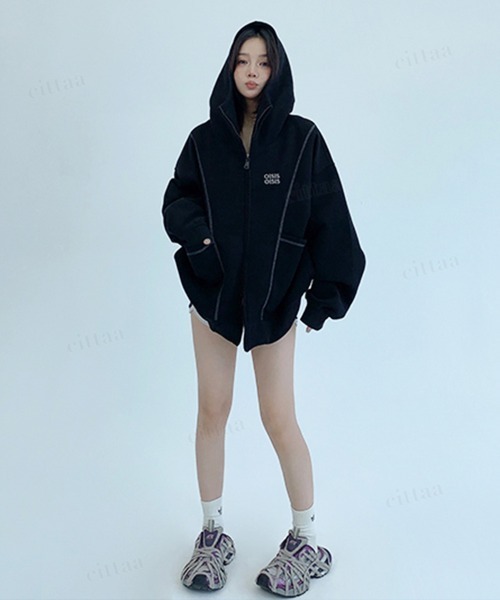 韓国ファッション OISISロゴ 配色パイピングダブルジップ オーバー