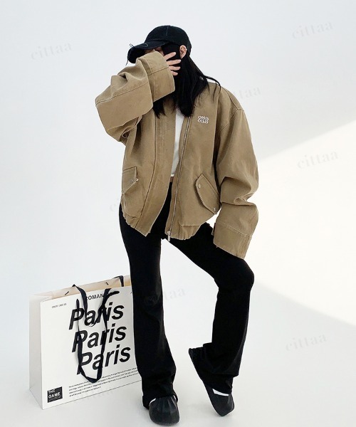 韓国ファッション OISISヴィンテージウォッシュノーカラーブルゾン