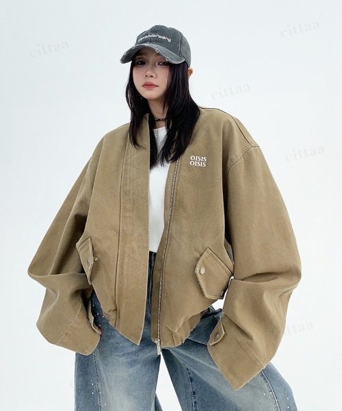 韓国ファッション OISISヴィンテージウォッシュノーカラーブルゾン