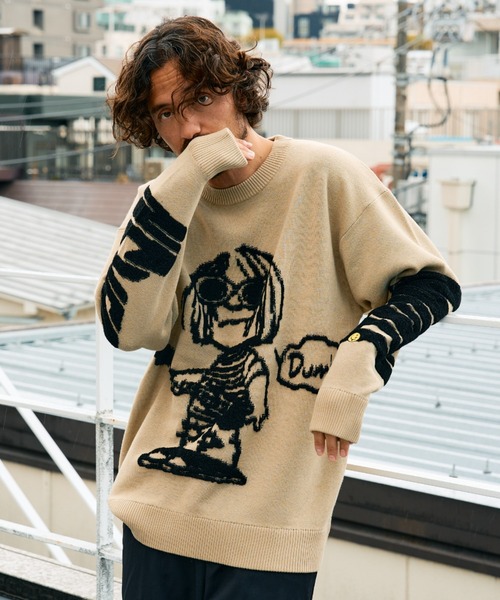 お値下げ不可…デサント　黒白　ニット　M 美品 STUD MUFFIN/スタッドマフィン/カートイラスト 立体ダブルジャガード