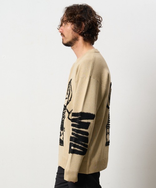 STUD MUFFIN（スタッドマフィン）の「STUD MUFFIN/スタッドマフィン/カートイラスト 立体ダブルジャガード プルオーバー（ニット/セーター・メンズ・ブラック/ベージュ・2/3/4）」の9枚目の写真