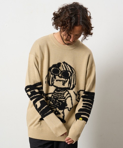 STUD MUFFIN（スタッドマフィン）の「STUD MUFFIN/スタッドマフィン/カートイラスト 立体ダブルジャガード プルオーバー（ニット/セーター・メンズ・ブラック/ベージュ・2/3/4）」の7枚目の写真