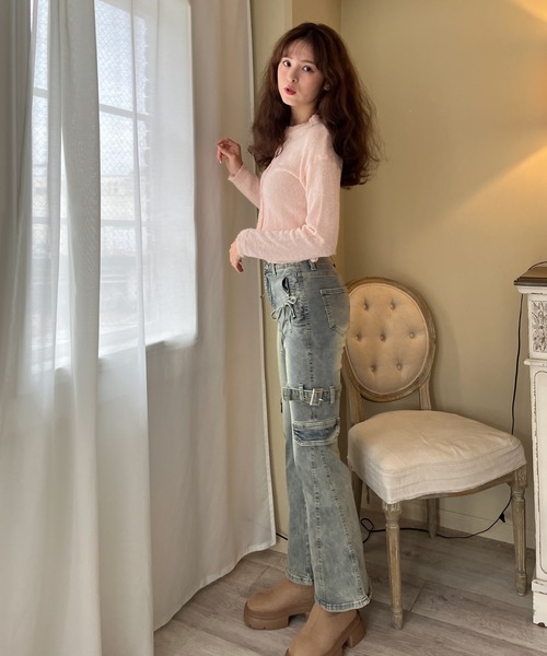 MORE self LOVE(モアセルフラブ)の「サイドベルトカーゴフレアデニム(デニムパンツ・レディース・ブルー・FREE)」の17枚目の写真