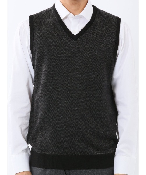 TAKA-Q（タカキュー）の「【ウォッシャブル ウール混】タカキュー ヘリンボン柄 プルオーバーベスト（ベスト・メンズ・グレー系その他2/ネイビー・MEDIUM/X-LARGE/LARGE）」の9枚目の写真