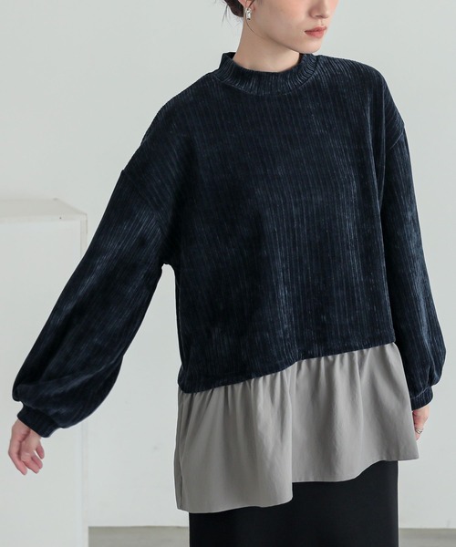 n'OrLABEL(ノアールレーベル)の「異素材レイヤード風モールカットソー(Tシャツ/カットソー・レディース・ネイビー/ブラック・1/2)」の1枚目の写真