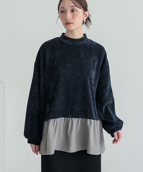 n'OrLABEL(ノアールレーベル)の「異素材レイヤード風モールカットソー(Tシャツ/カットソー・レディース・ネイビー/ブラック・1/2)」の3枚目の写真