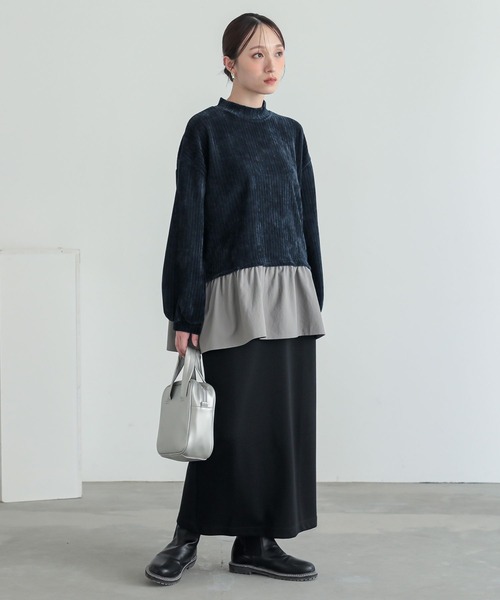 n'OrLABEL(ノアールレーベル)の「異素材レイヤード風モールカットソー(Tシャツ/カットソー・レディース・ネイビー/ブラック・1/2)」の7枚目の写真