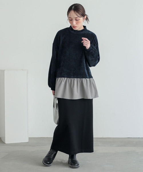 n'OrLABEL(ノアールレーベル)の「異素材レイヤード風モールカットソー(Tシャツ/カットソー・レディース・ネイビー/ブラック・1/2)」の6枚目の写真