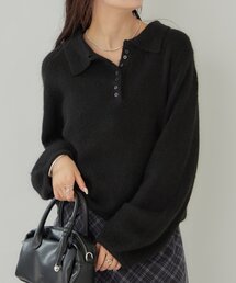 【早い者勝ち❗️】stone  襟付きニット　ブラック　XL セール】『XLサイズあり』メリノウールリラックスポロニット（ニット