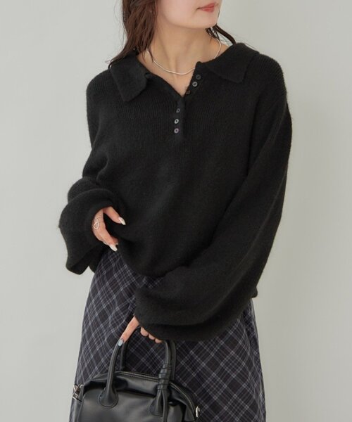 【早い者勝ち❗️】stone  襟付きニット　ブラック　XL mystic（ミスティック）の「【ふわもち素材！長袖となり登場！】襟付き