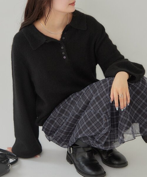 襟付きロングスリーブニット（ニット/セーター）｜mystic