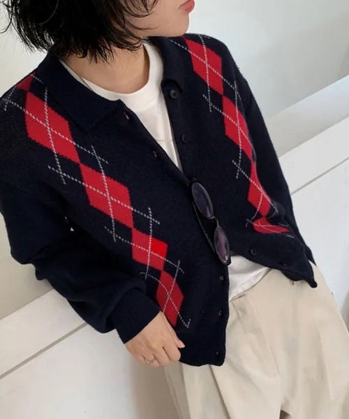 ONEP STAR（ワンピスター）の「アーガイル柄カーディガン（カーディガン/ボレロ・レディース・ネイビー/グレー・FREE）」の2枚目の写真