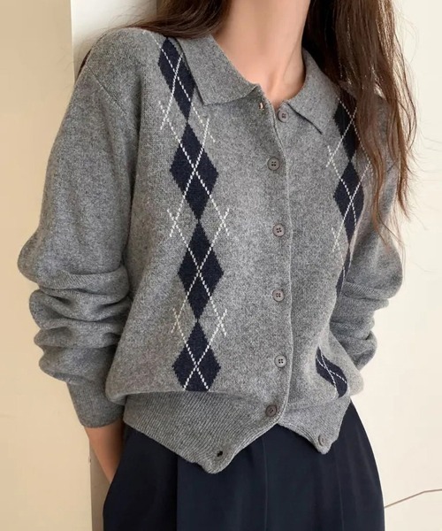 ONEP STAR（ワンピスター）の「アーガイル柄カーディガン（カーディガン/ボレロ・レディース・ネイビー/グレー・FREE）」の3枚目の写真
