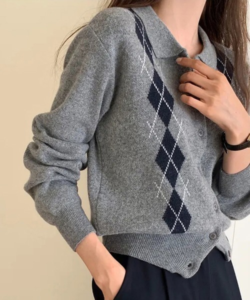 ONEP STAR（ワンピスター）の「アーガイル柄カーディガン（カーディガン/ボレロ・レディース・ネイビー/グレー・FREE）」の4枚目の写真