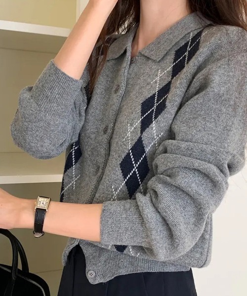 ONEP STAR（ワンピスター）の「アーガイル柄カーディガン（カーディガン/ボレロ・レディース・ネイビー/グレー・FREE）」の5枚目の写真
