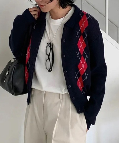 ONEP STAR（ワンピスター）の「アーガイル柄カーディガン（カーディガン/ボレロ・レディース・ネイビー/グレー・FREE）」の8枚目の写真