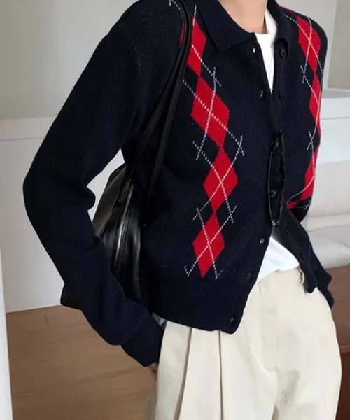 ONEP STAR（ワンピスター）の「アーガイル柄カーディガン（カーディガン/ボレロ・レディース・ネイビー/グレー・FREE）」の11枚目の写真