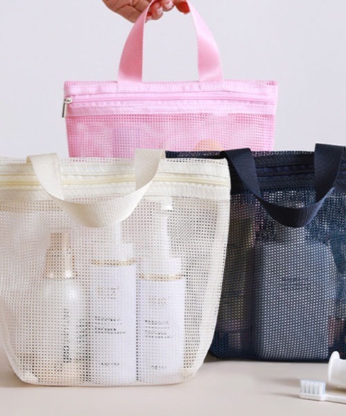 Pochi Pouch(ポチポーチ)の「Pochi Pouch/トラベル シースルー メッシュ ジップ スパバッグ(エコバッグ/サブバッグ・レディース・ネイビー/オフホワイト/ピンク・FREE)」の12枚目の写真
