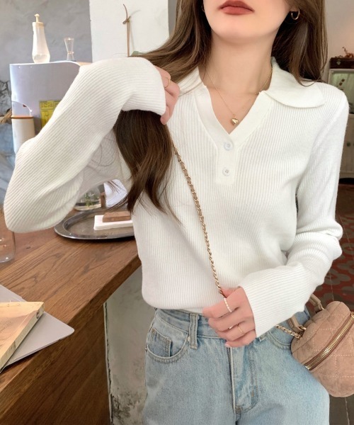 Miniministore(ミニミニストア)の「ポロニットトップス リブニット 韓国風(ニット/セーター・レディース・ワインレッド/アイボリー/ホワイト/ベージュ/ブラック・FREE)」の1枚目の写真