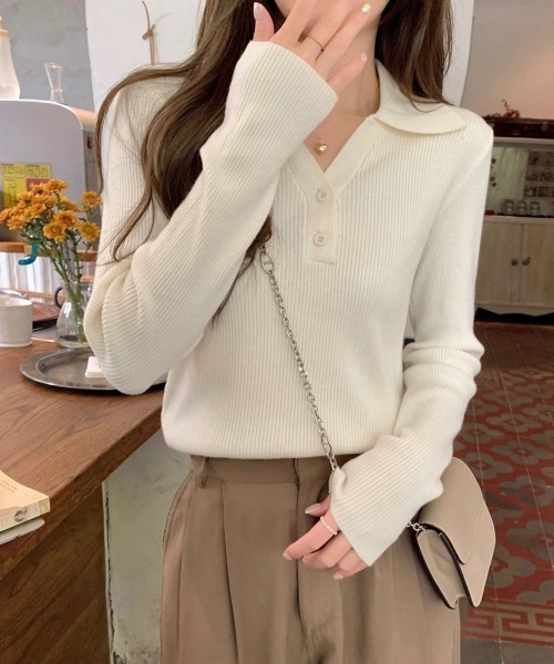Miniministore(ミニミニストア)の「ポロニットトップス リブニット 韓国風(ニット/セーター・レディース・ワインレッド/アイボリー/ホワイト/ベージュ/ブラック・FREE)」の11枚目の写真