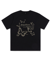 モザイクバタフライプリント半袖Tシャツブラック