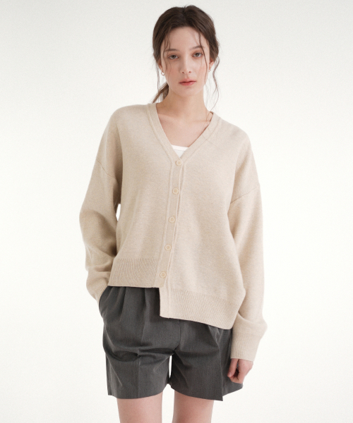 Cashmere V-neck Unbalance Knit Cardigan (Cream)