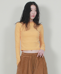 ピンストライプスリムクロップ長袖Tシャツオレンジ