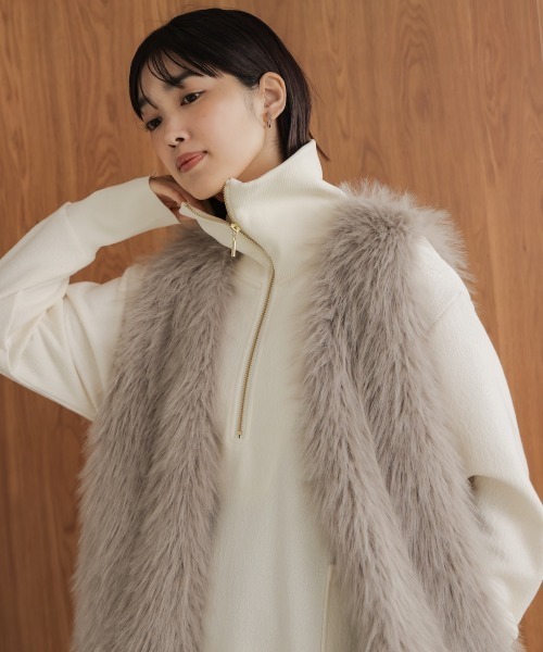 Bou Jeloud（ブージュルード）の「ウールライクメルトンハーフジップワンピース（ワンピース・レディース・チャコールグレー/オフホワイト・FREE）」の4枚目の写真