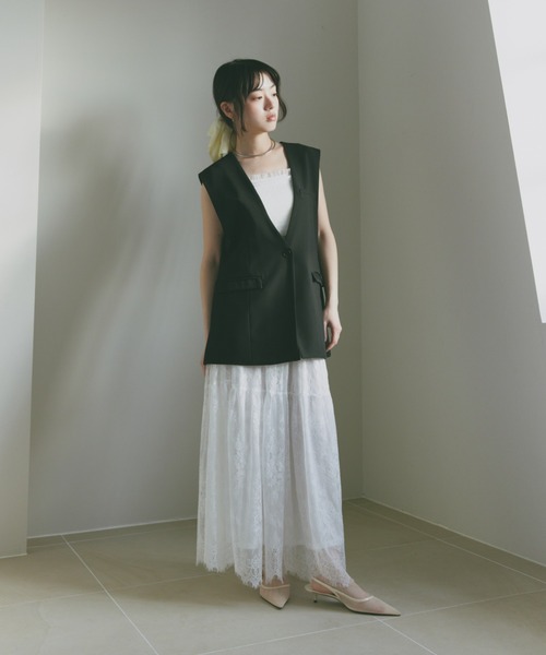 Freesia by andme(フリージアバイアンドミー)の「レース切替ギャザーロングスカート(スカート・レディース・ブラック/オフホワイト・FREE)」の12枚目の写真