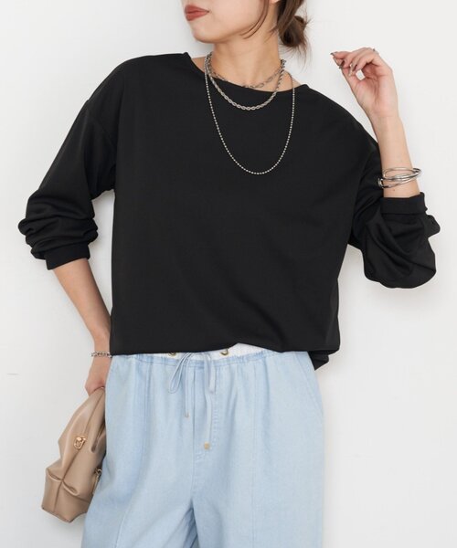 Jena espace merveilleux（ジェナ　エスパスメルヴェイユ）の「【ヒップも隠れる/WEB限定】シルケットブラウス（Tシャツ/カットソー・レディース・オフホワイト/ブラック・FREE）」の2枚目の写真